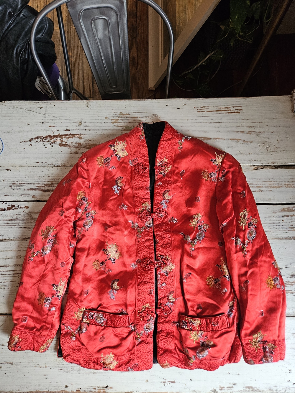 Vintage Red Embroidered Satin Women's Jacket